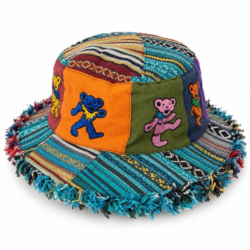 Grateful Dead Dancing Bears Patchwork Bucket Hat Cotton Frayed Brim Boho Nepal